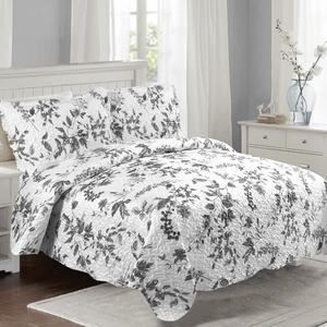 Rich Printed Embossed Pinsonic Coverlet Bedspread Ultra Soft 3 Piece Summer Quilt Set with 2 Quilted Shams, Grey Chrysanthemum Floral Branches Pattern