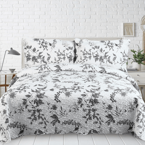 Rich Printed Embossed Pinsonic Coverlet Bedspread Ultra Soft 3 Piece Summer Quilt Set with 2 Quilted Shams, Grey Chrysanthemum Floral Branches Pattern