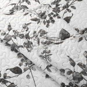 Rich Printed Embossed Pinsonic Coverlet Bedspread Ultra Soft 3 Piece Summer Quilt Set with 2 Quilted Shams, Grey Chrysanthemum Floral Branches Pattern