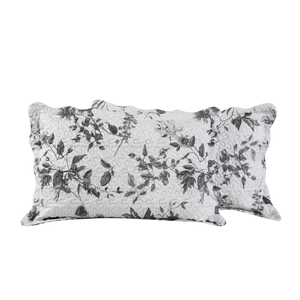 Rich Printed Embossed Pinsonic Coverlet Bedspread Ultra Soft 3 Piece Summer Quilt Set with 2 Quilted Shams, Grey Chrysanthemum Floral Branches Pattern