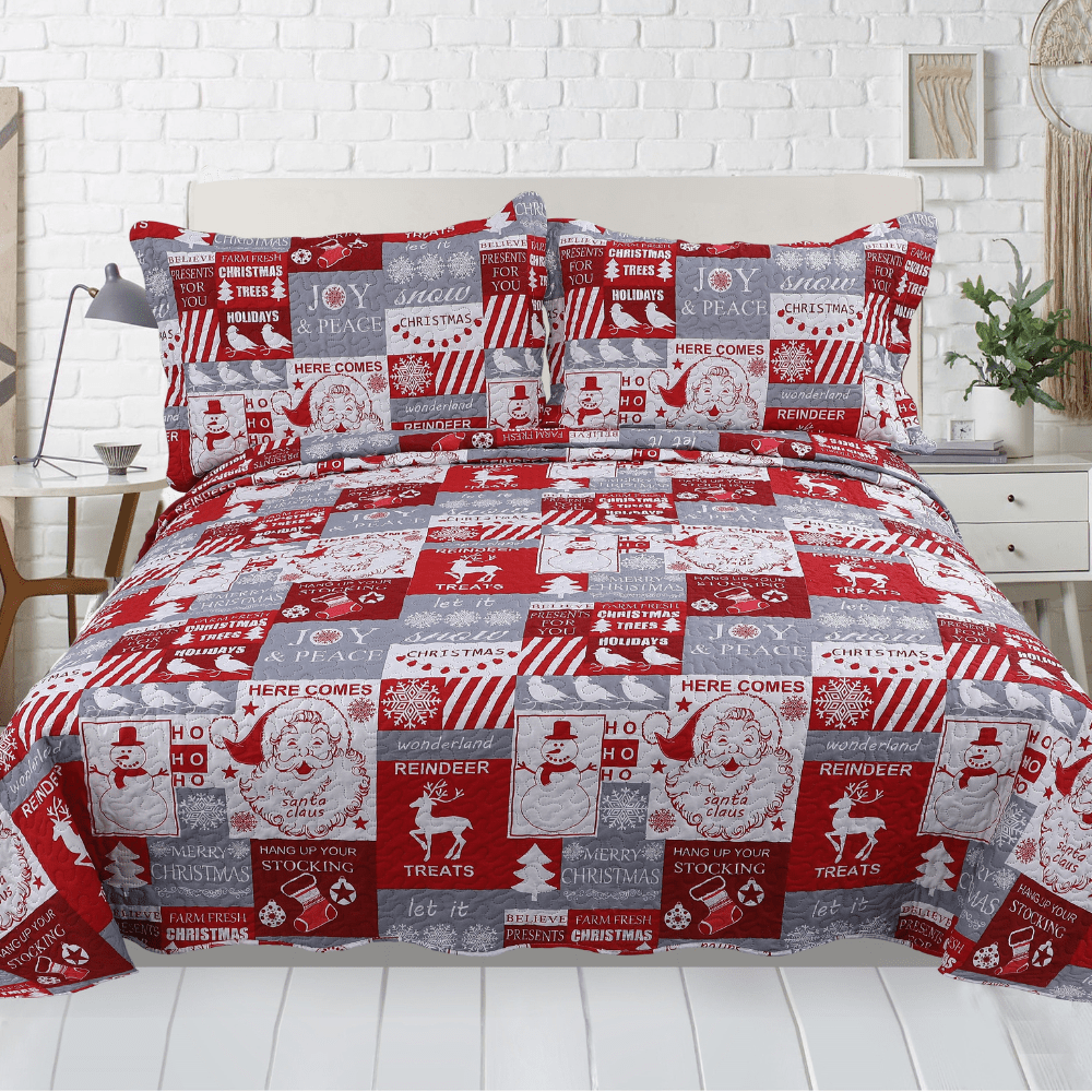 Rich Printed Embossed Pinsonic Coverlet Bedspread Ultra Soft 3 Piece Summer Quilt Set with 2 Quilted Shams, Christmas Plaid Pattern