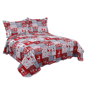 Rich Printed Embossed Pinsonic Coverlet Bedspread Ultra Soft 3 Piece Summer Quilt Set with 2 Quilted Shams, Christmas Plaid Pattern