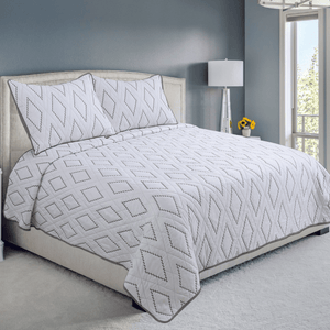Embroidered Stitching Coverlet Bedspread Ultra Soft Solid 3 Piece Summer Quilt Set with 2 Quilted Shams, Modern Geometric Taupe Rhombus
