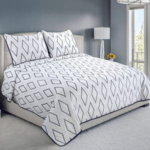 Embroidered Stitching Coverlet Bedspread Ultra Soft Solid 3 Piece Summer Quilt Set with 2 Quilted Shams, Modern Geometric Navy Blue Rhombus
