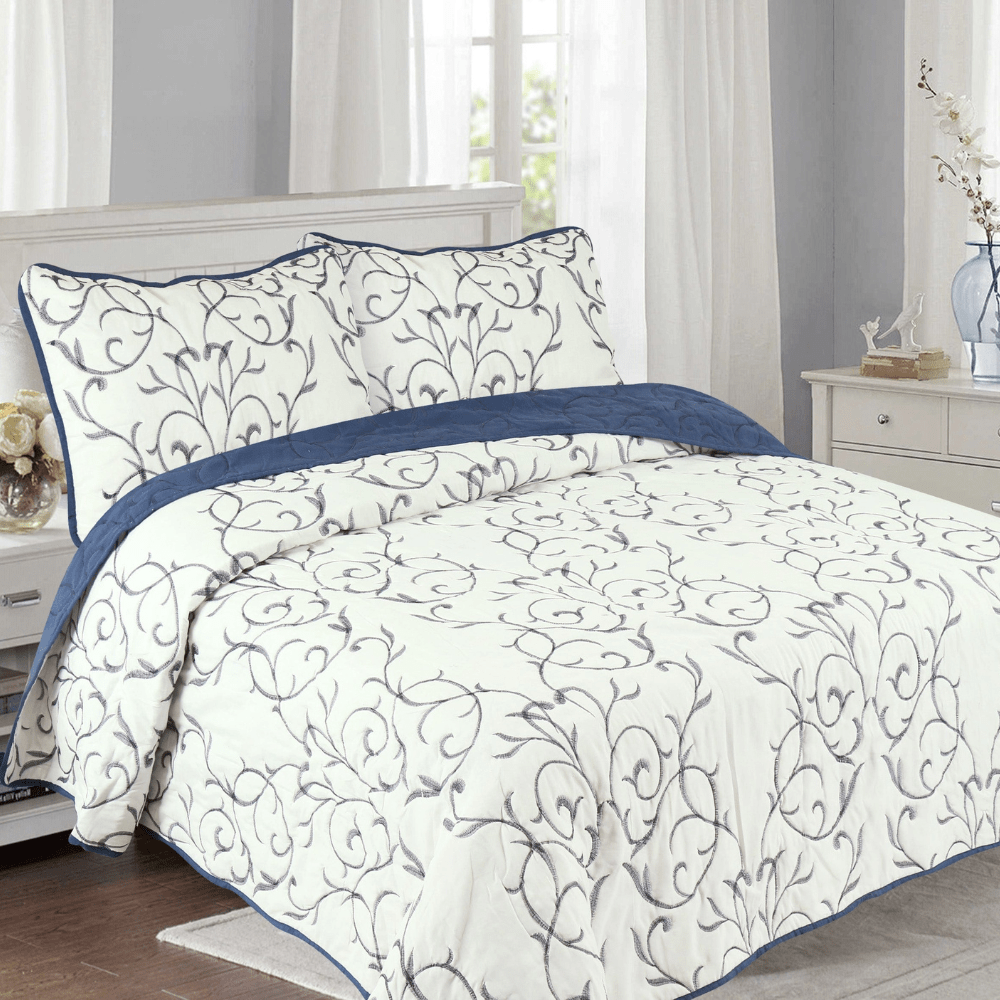 Embroidered Stitching Coverlet Bedspread Ultra Soft Solid 3 Piece Summer Quilt Set with 2 Quilted Shams, Navy Blue Branch