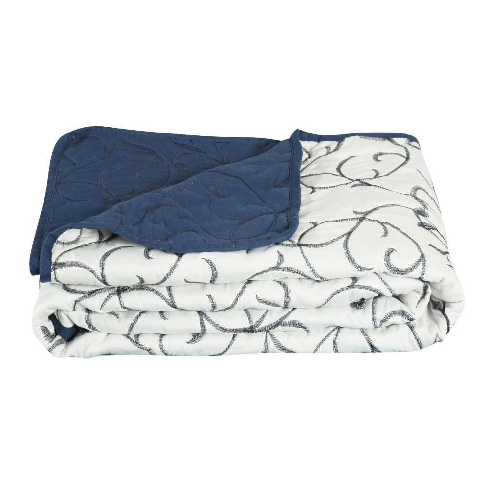 Embroidered Stitching Coverlet Bedspread Ultra Soft Solid 3 Piece Summer Quilt Set with 2 Quilted Shams, Navy Blue Branch