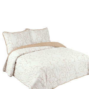 Embroidered Stitching Coverlet Bedspread Ultra Soft Solid 3 Piece Summer Quilt Set with 2 Quilted Shams, Gold Branch