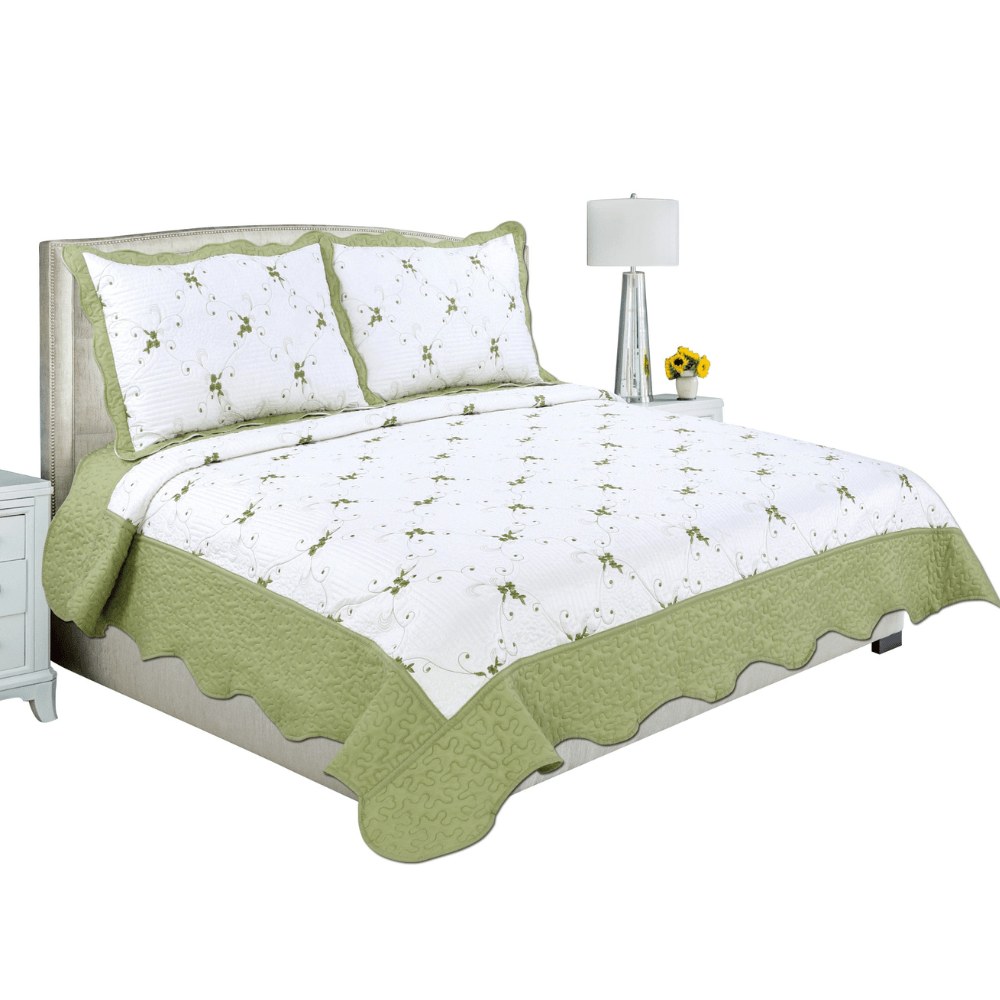 Embroidered Stitching Coverlet Bedspread Ultra Soft Solid 3 Piece Summer Quilt Set with 2 Quilted Shams, Green Floral