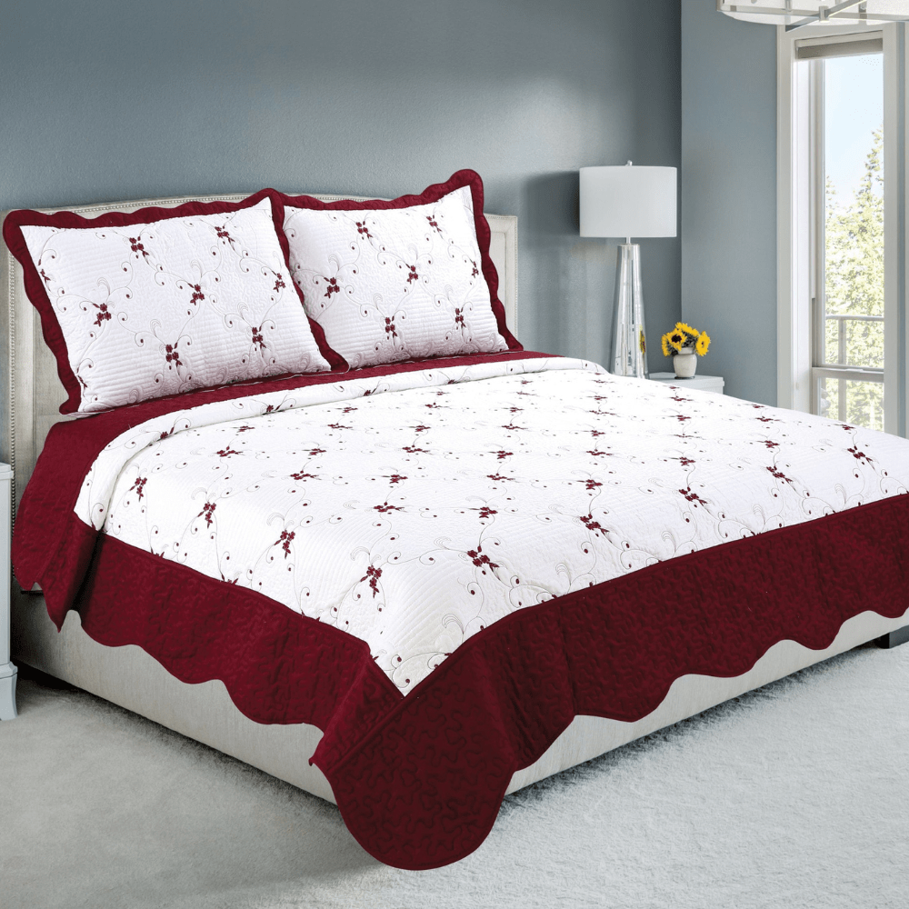 Embroidered Stitching Coverlet Bedspread Ultra Soft Solid 3 Piece Summer Quilt Set with 2 Quilted Shams, Burgundy Floral