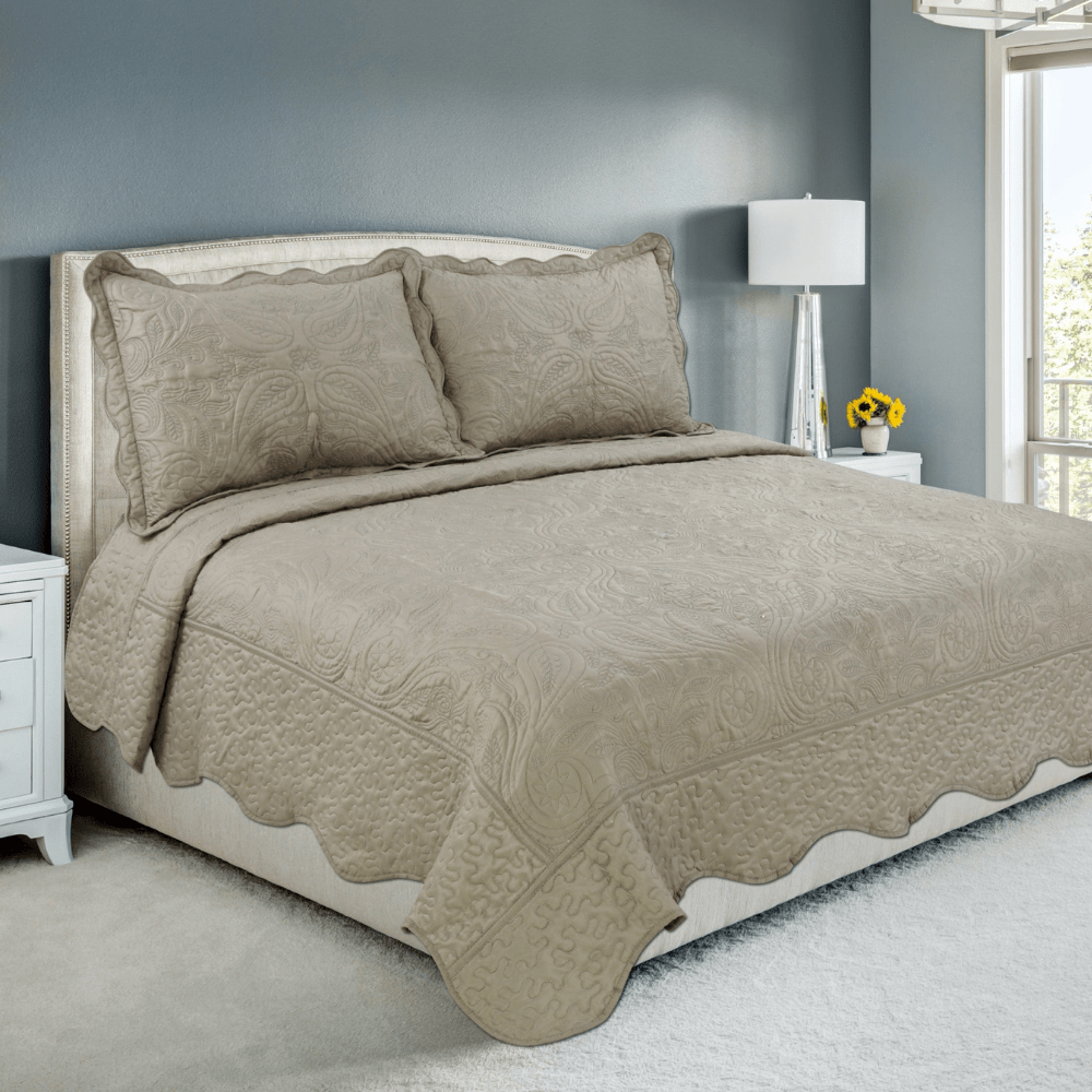 Embroidered Stitching Coverlet Bedspread Ultra Soft Solid 3 Piece Summer Quilt Set with 2 Quilted Shams, Taupe Floral Paisley