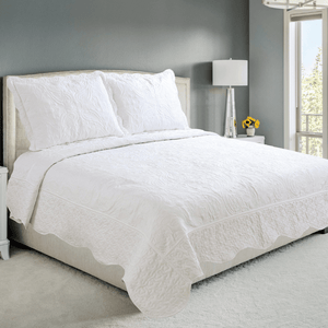 Embroidered Stitching Coverlet Bedspread Ultra Soft Solid Quilt Set, Ivory Floral Paisley