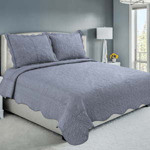 Embroidered Stitching Coverlet Bedspread Ultra Soft Solid 3 Piece Summer Quilt Set with 2 Quilted Shams, Grey Floral Paisley