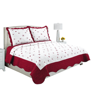 Embroidered Stitching Coverlet Bedspread Ultra Soft Solid 3 Piece Summer Quilt Set with 2 Quilted Shams, Red Floral