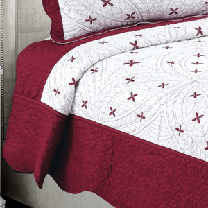 Embroidered Stitching Coverlet Bedspread Ultra Soft Solid 3 Piece Summer Quilt Set with 2 Quilted Shams, Red Floral