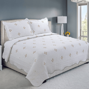 Embroidered Stitching Coverlet Bedspread Ultra Soft Solid 3 Piece Summer Quilt Set with 2 Quilted Shams, Modern Gold Floral