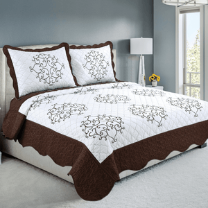 Embroidered Stitching Coverlet Bedspread Ultra Soft Solid 3 Piece Summer Quilt Set with 2 Quilted Shams, Brown Damask