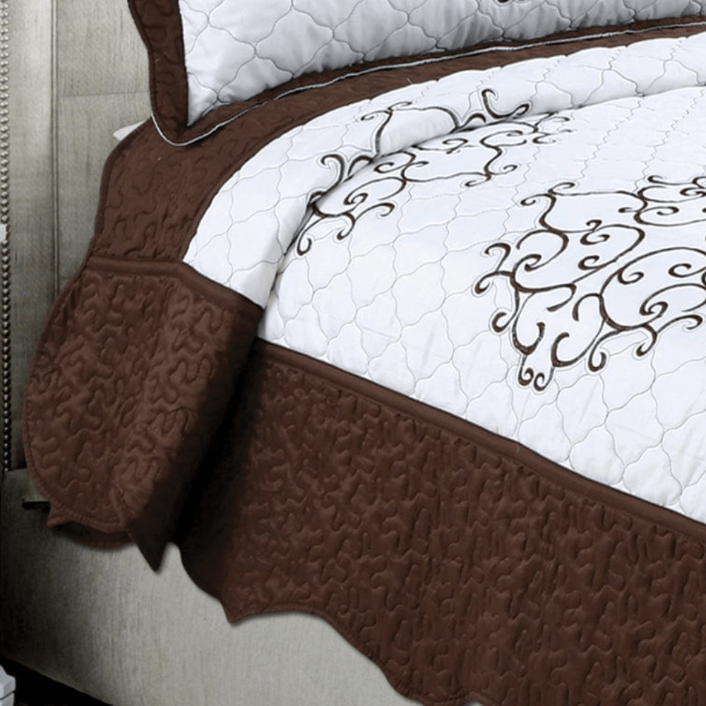 Embroidered Stitching Coverlet Bedspread Ultra Soft Solid Quilt Set, Brown Damask