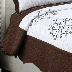 Embroidered Stitching Coverlet Bedspread Ultra Soft Solid 3 Piece Summer Quilt Set with 2 Quilted Shams, Brown Damask
