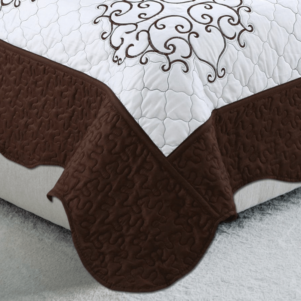 Embroidered Stitching Coverlet Bedspread Ultra Soft Solid Quilt Set, Brown Damask