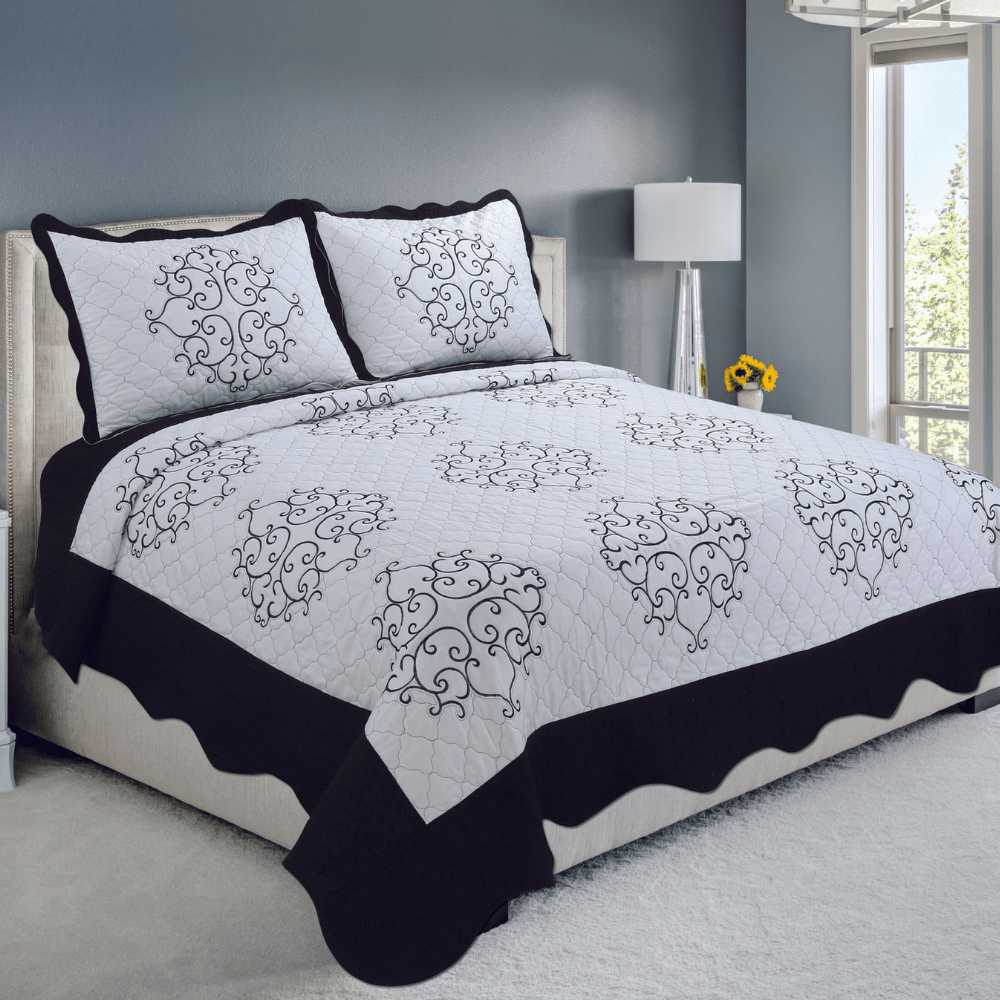 Embroidered Stitching Coverlet Bedspread Ultra Soft Solid 3 Piece Summer Quilt Set with 2 Quilted Shams, Black Damask