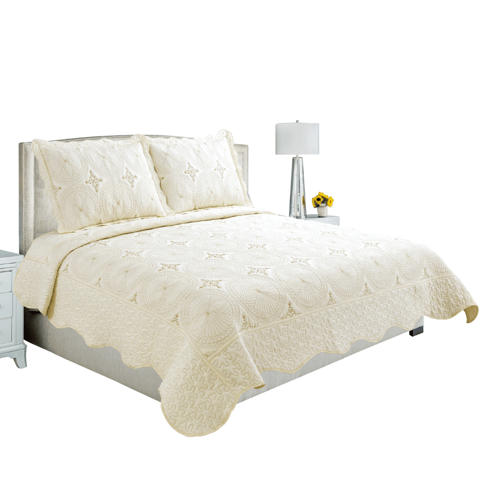 Embroidered Stitching Coverlet Bedspread Ultra Soft Solid 3 Piece Summer Quilt Set with 2 Quilted Shams, Cream Geometric Circles