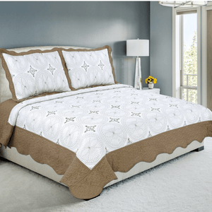 Embroidered Stitching Coverlet Bedspread Ultra Soft Solid 3 Piece Summer Quilt Set with 2 Quilted Shams, Brown Geometric Circles