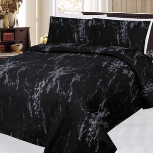 All Season 6 Pieces Sheet Set Silky Deep Pocket Rich Printed Rayon from Bamboo with 4 Pillowcases, Modern Black Marble Pattern