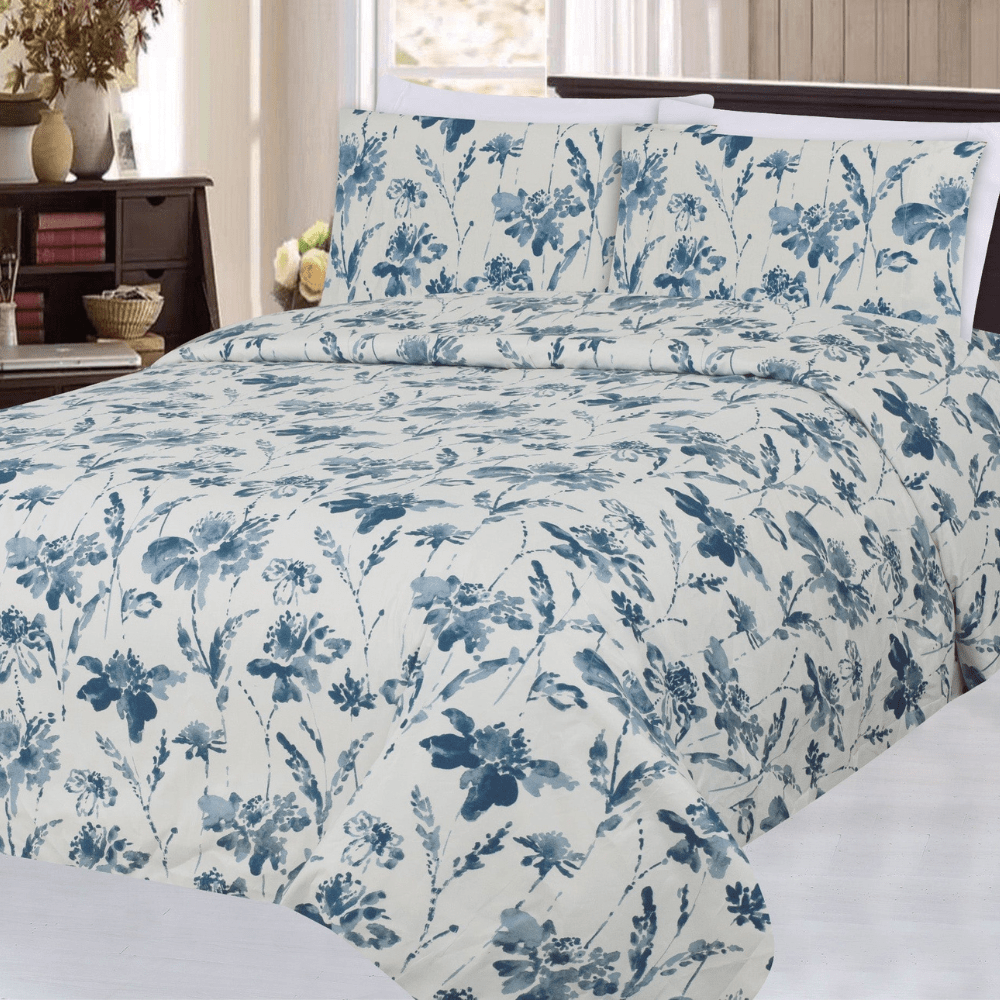 All Season 6 Pieces Sheet Set Silky Deep Pocket Rich Printed Rayon from Bamboo with 4 Pillowcases, Blue Inkwash Floral Pattern