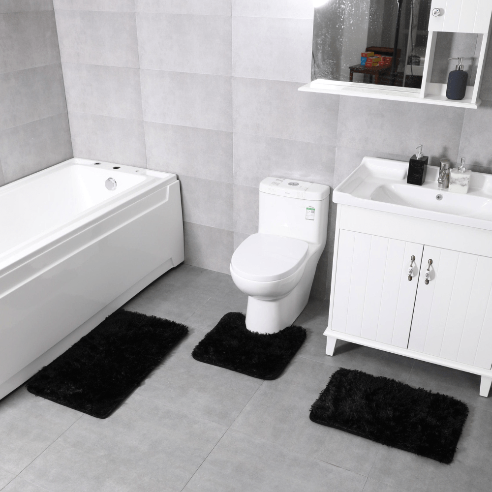 Decor Non-Slip Safety Ultra Water Absorbent Soft Solid Fluffy Plush 3 Pieces Bathroom Bath Rug Floor Mat Set