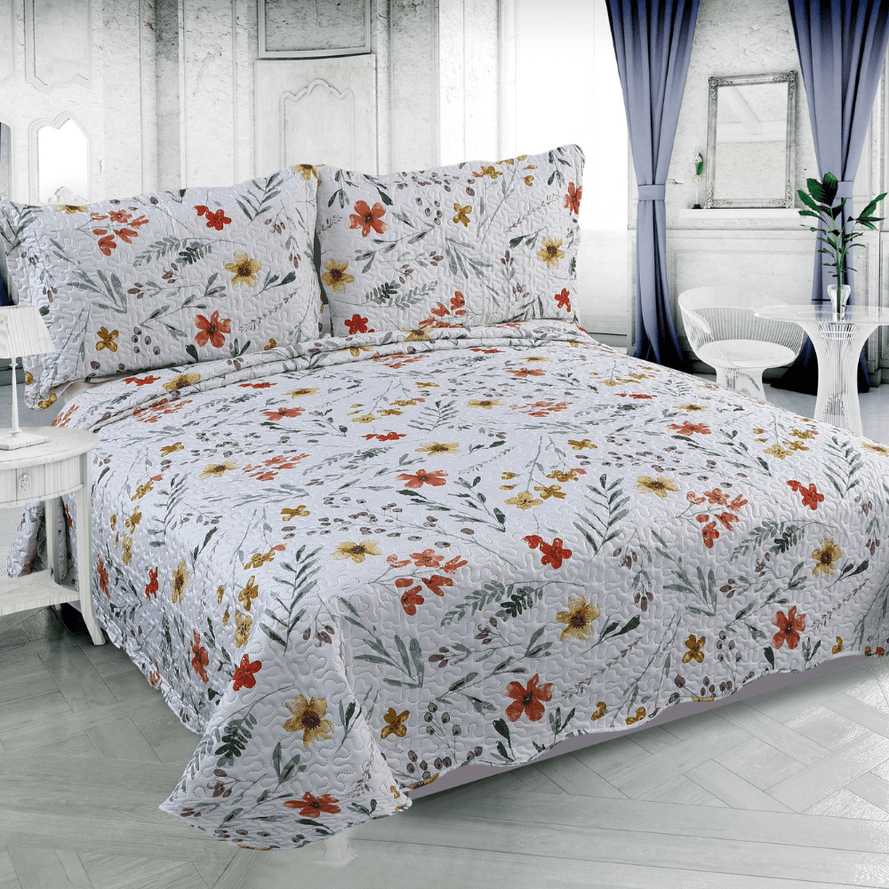 Rich Printed Embossed Pinsonic Coverlet Bedspread Ultra Soft 3 Piece Summer Quilt Set with 2 Quilted Shams, Secret Floral Garden Pattern
