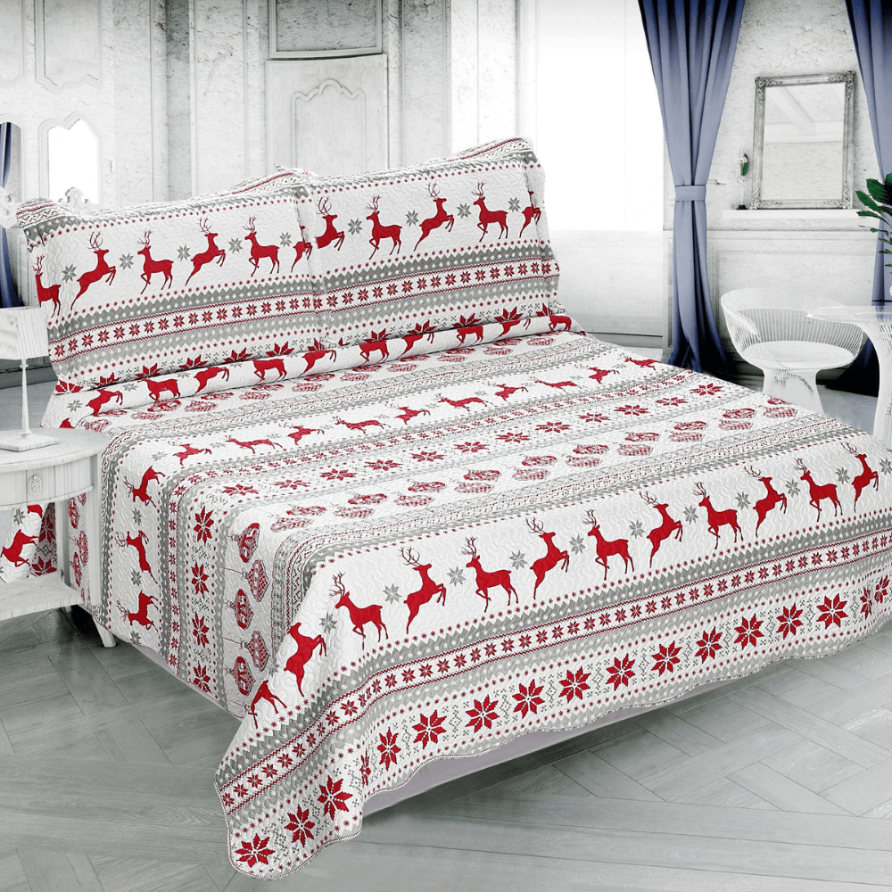 Rich Printed Embossed Pinsonic Coverlet Bedspread Ultra Soft 3 Piece Summer Quilt Set with 2 Quilted Shams, Christmas Deer Pattern