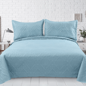 Solid Embossed Pinsonic Coverlet Bedspread Ultra Soft 3 Piece Summer Quilt Set with 2 Quilted Shams, Aqua Color