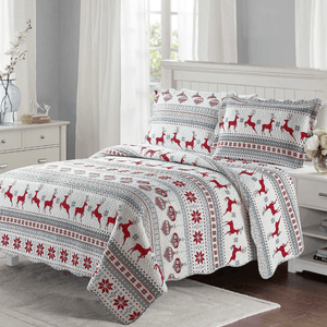 Rich Printed Embossed Pinsonic Coverlet Bedspread Ultra Soft 3 Piece Summer Quilt Set with 2 Quilted Shams, Christmas Deer Pattern
