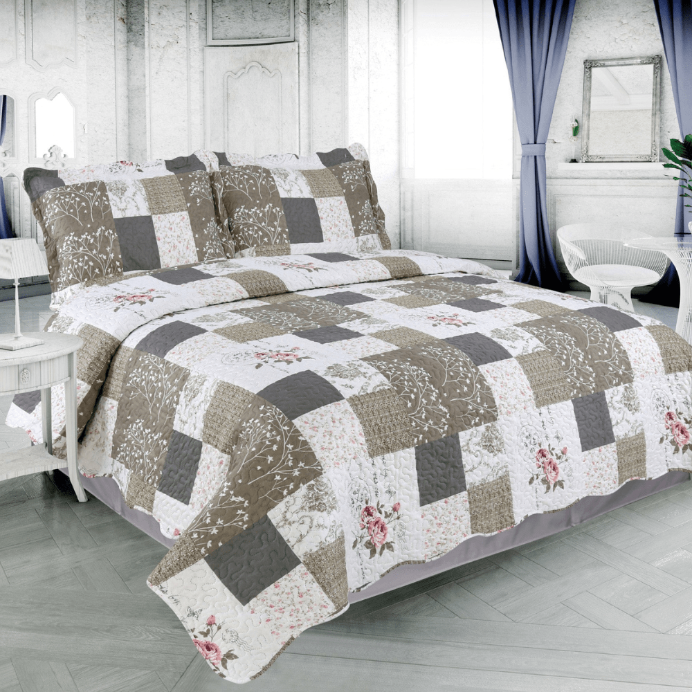 Rich Printed Embossed Pinsonic Coverlet Bedspread Ultra Soft 3 Piece Summer Quilt Set with 2 Quilted Shams, Rose Floral and Branch Plaid Pattern Taupe Grey Color
