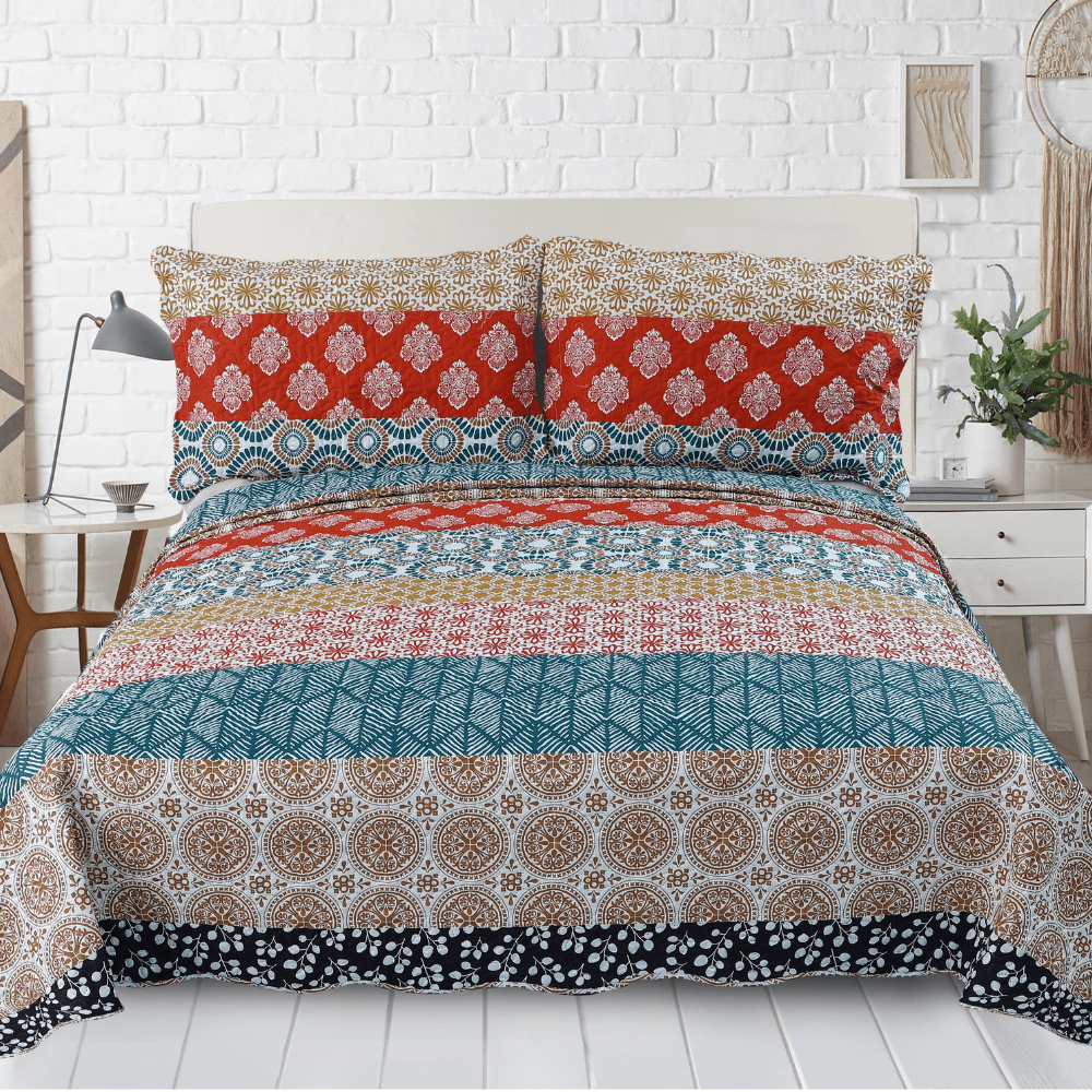 Rich Printed Embossed Pinsonic Coverlet Bedspread Ultra Soft 3 Piece Summer Quilt Set with 2 Quilted Shams, Bohemian Colorful Floral Pattern