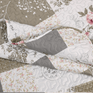 Rich Printed Embossed Pinsonic Coverlet Bedspread Ultra Soft 3 Piece Summer Quilt Set with 2 Quilted Shams, Rose Floral and Branch Plaid Pattern Taupe Grey Color