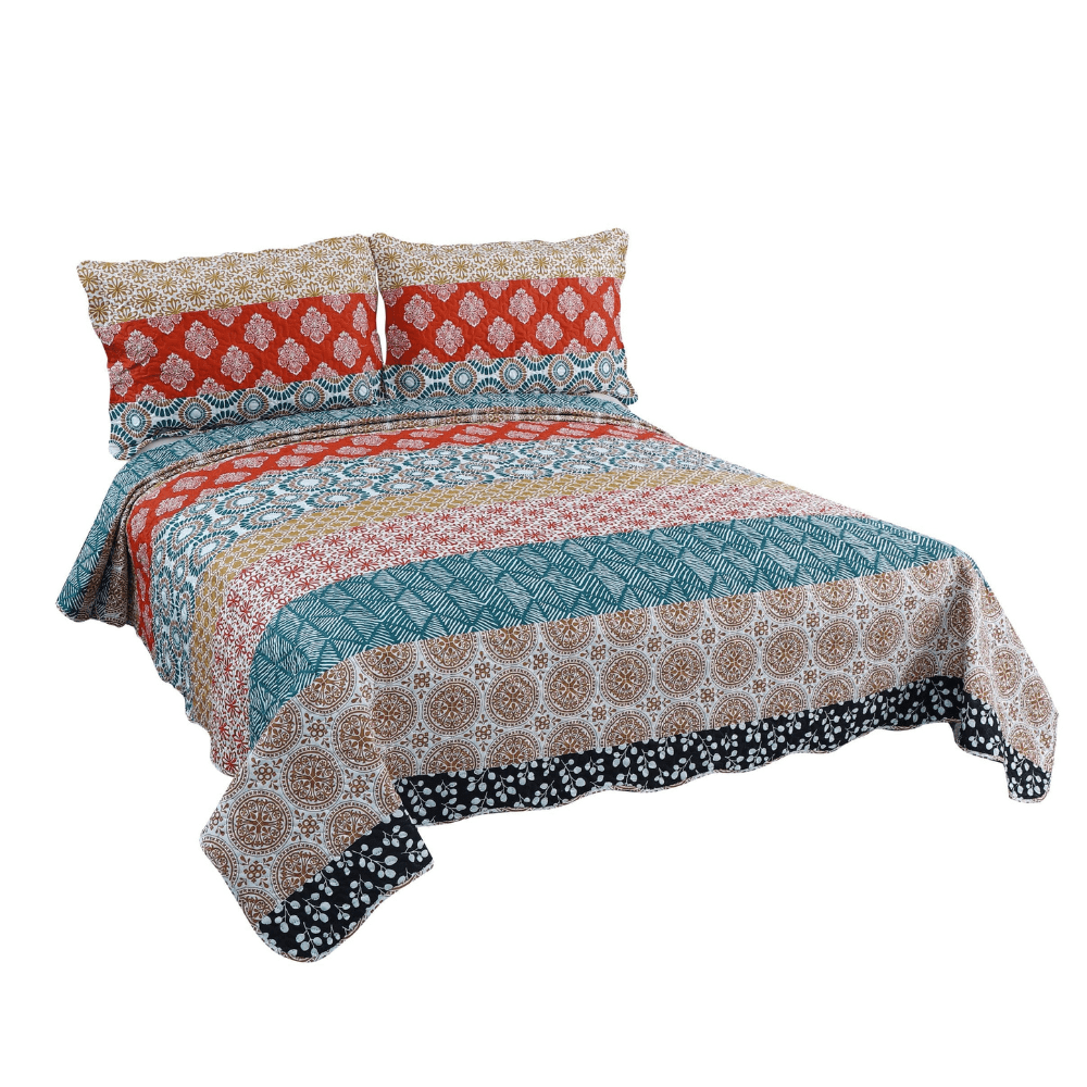 Rich Printed Embossed Pinsonic Coverlet Bedspread Ultra Soft 3 Piece Summer Quilt Set with 2 Quilted Shams, Bohemian Colorful Floral Pattern