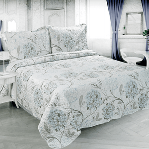 Rich Printed Embossed Pinsonic Coverlet Bedspread Ultra Soft 3 Piece Summer Quilt Set with 2 Quilted Shams, Blue Hydrangea Floral Pattern