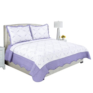 Embroidered Stitching Coverlet Bedspread Ultra Soft Solid 3 Piece Summer Quilt Set with 2 Quilted Shams, Purple Floral