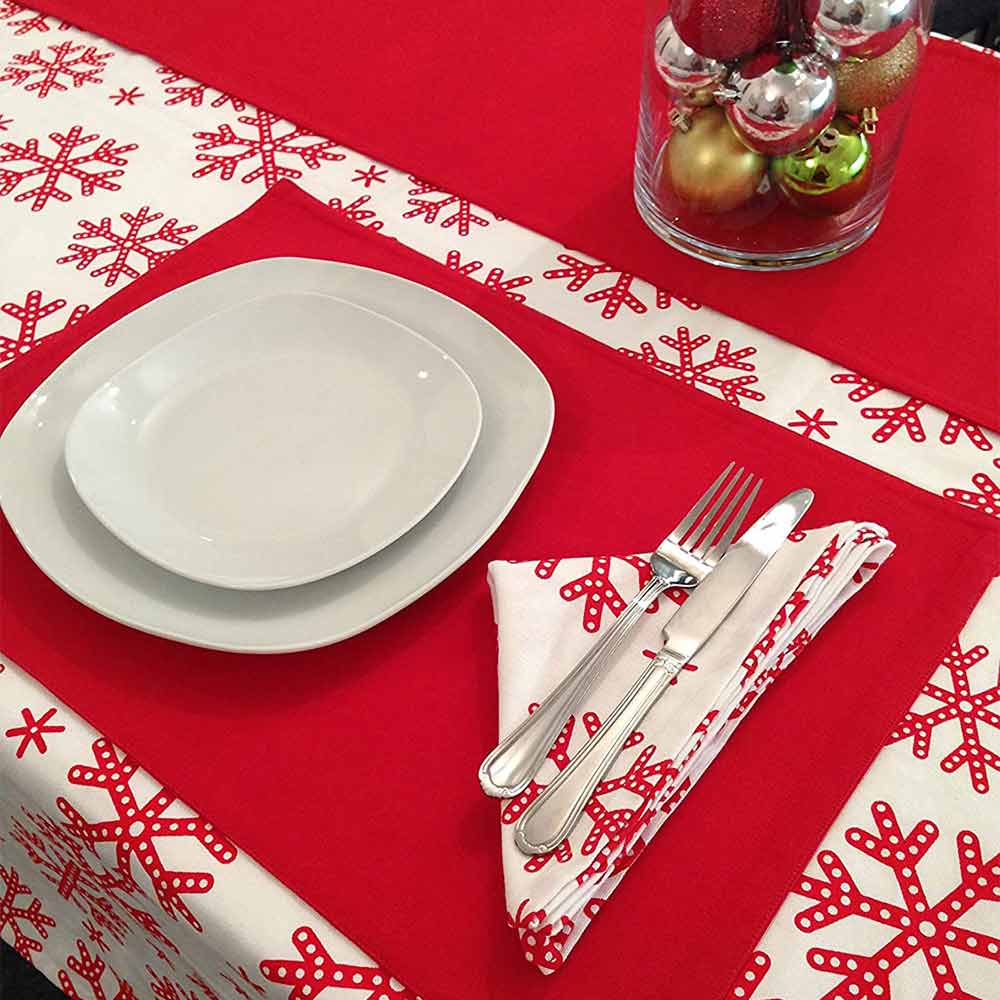Snowflakes Festive Tablecloth 52 x 70 inch, Red &amp; White